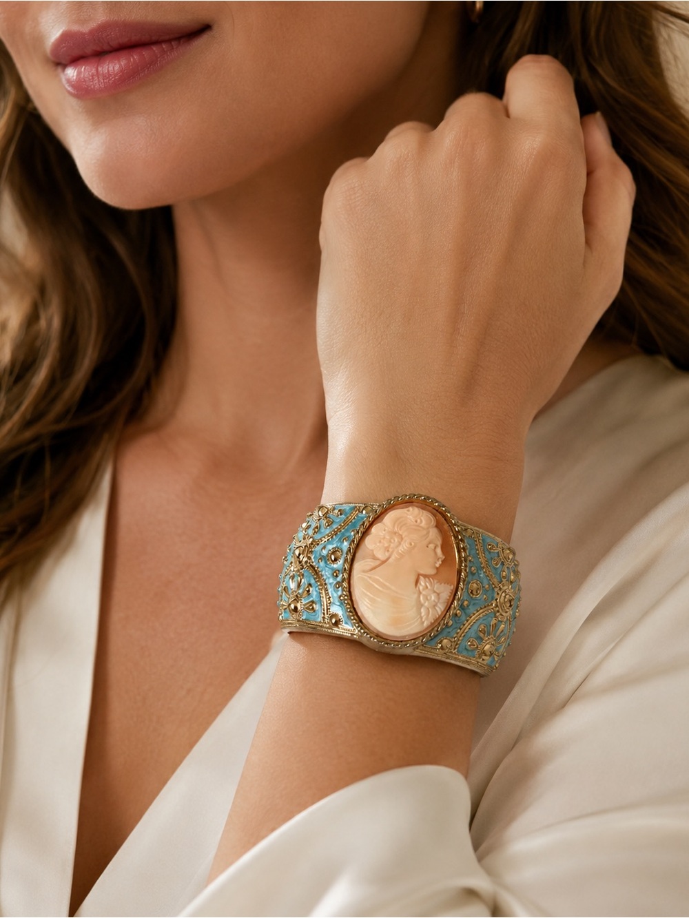 Amedeo La Piazzetta blue enamel gold tone Cameo hinged Statement Cuff Bracelet
